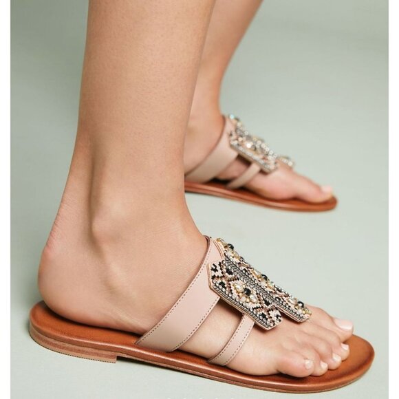 ANTHROPOLOGIE Embellished Beaded Boho Thong Leather Sandals 39 8.5 Pink Brown - Picture 3 of 11